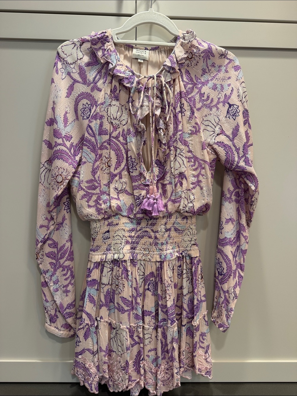 Hemant & Nandita Lavender Floral Long-Sleeve Smocked Waist Dress